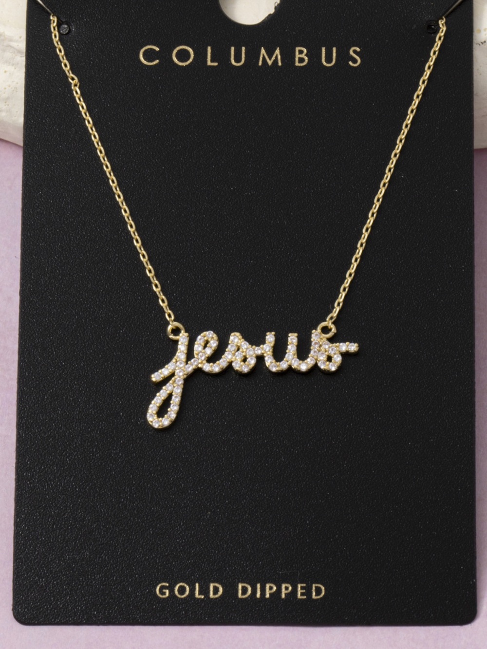 Gold Dipped ‘Jesus' Script Necklace - Pave Crystal Pendant